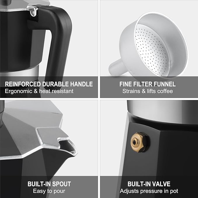 Sivaphe Aluminum Moka Pot 3 Espresso Cups, Percolator Espresso and Coffee Maker, Portable Stovetop Italian and Cuban Café Brewer for Home and Camping Black