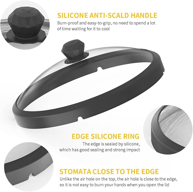 Microwave Glass Cover Splatter Guard Lid with Anti-scald Silicone Handles and Vented Edge for Food Pot Plate Cover 10.5 inch Diameter Black Height 3.35 inches