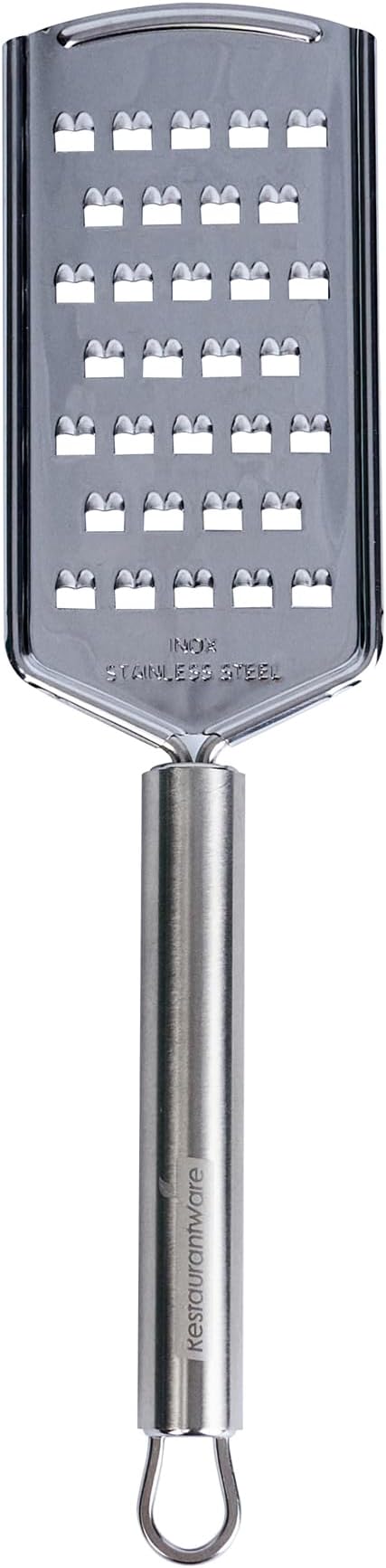 Restaurantware-German Standard Coarse Handheld Grater, 1 Flat Cheese Grater - Dishwashable, Durable, Stainless Steel, With Handle, Suitable For Potato, Carrot, Hard Cheese, And, More