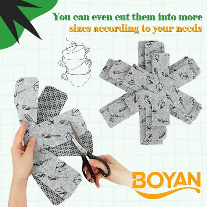 BOYAN Pot and Pan Protectors, Thicker Felt Pot Protectors for Stacking, Set of 12 & 3 Different Sizes, Cookware Accessories, Pan Separators for Stacking Skillet Ceramic Saucepan Glassware