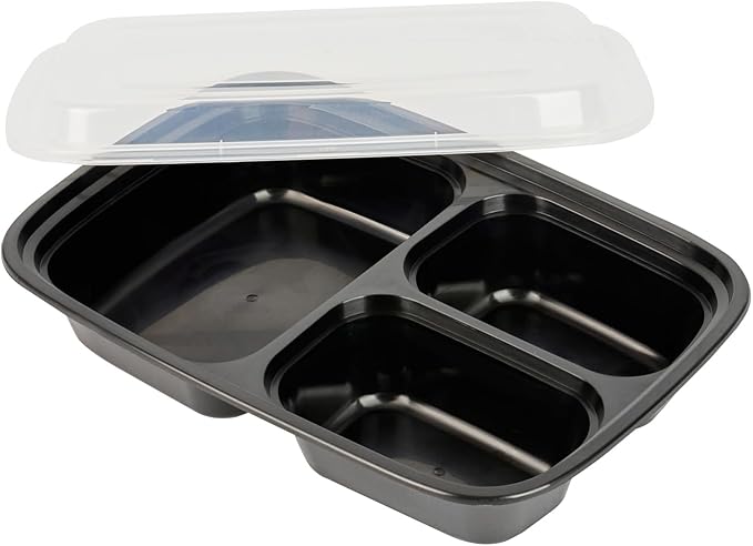 Restaurantware-Asporto 26 Ounce Compartment Take Out Boxes, 50 Microwavable Meal Prep Containers - 3 Compartments, With Clear Plastic Lids, Black Plastic Food Containers, Do Not Contain BPA