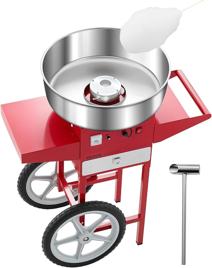 VEVOR Electric Cotton Candy Machine with Cart, 1000W Commercial Candy Floss Maker with 20.5 in Stainless Steel Bowl, Sugar Scoop, and Drawer, Easy to Use, for Home, Kids Birthday, Family Party, Red