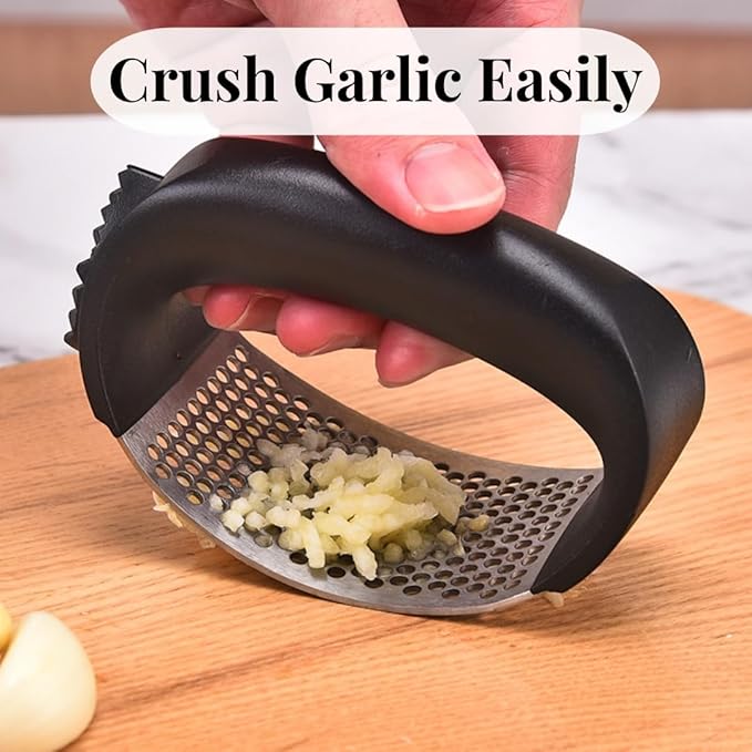 Stainless Steel Garlic Press Rocker Set - Heavy Duty Garlic Mincer, Crusher & Chopper with Silicone Peeler, Cleaning Brush - Effortless Smasher and Grinder Tool for Easy Kitchen Prep (Black)