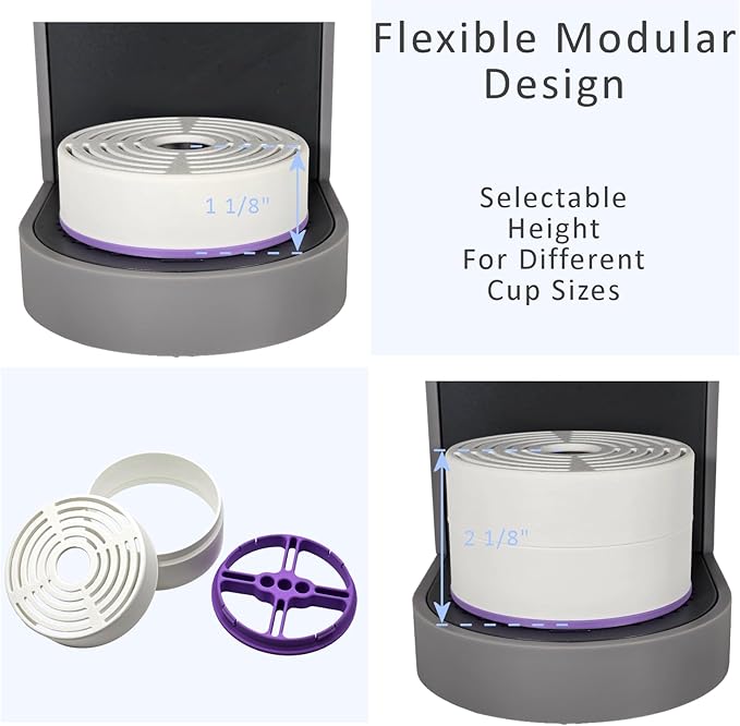 Elevate Anti-Splash Cup Riser Accessory for most Keurig K-cup, Cuisinart Single Serve, and other Coffee Makers, Adjustable for Cup Size and Drip Tray Type (White with Lilac Base)