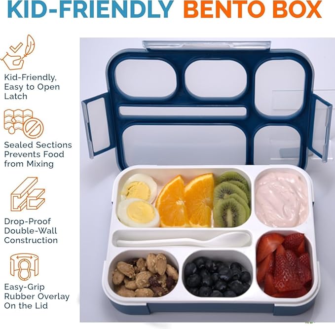 kinsho Bento Lunch Box Kids, Leakproof Lunch Containers for Boys Girls Adults with 6 Compartments - School, Daycare, Meal Planning Portion Control Container, BPA-Free Boxes, Utensils, Navy Blue