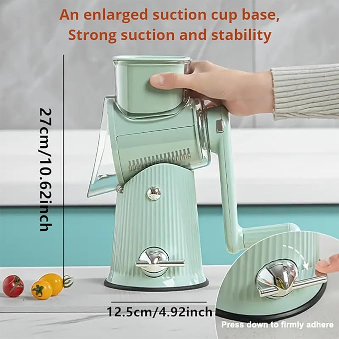 5 in 1 Rotary Cheese Grater Hand Crank, Replaceable Stainless Blades Cheese Shredder, Strong Suction Base Vegetable chopper Slicer with Cleaning Brush Peeler & Bonus Storage Box for Blades