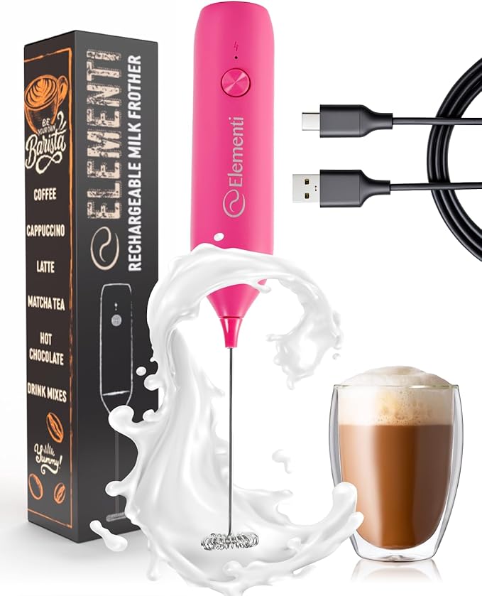 Elementi Pink Milk Frother Wand Rechargeable Drink Mixer - Powerful USB-C Rechargeable Frother & Coffee Stirrers Electric - Hand Held Whisk to Make Perfect Cappuccinos, Lattes & Drink Mixes at Home