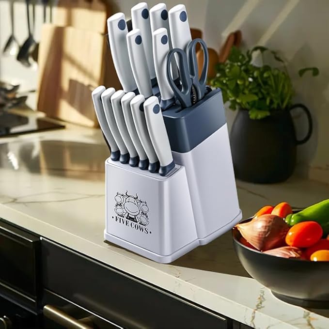 14 Pcs Kitchen Knife Block Set with Sharpener German High Carbon Stainless Steel Chef Knives, Razor-Sharp & Durable, Lightweight Anti-Slip Handle, Professional Set for Home & Kitchen (White)