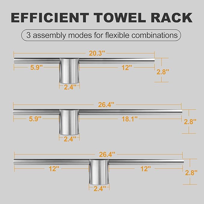 Adjustable Length Stainless Steel Towel Rack - 18-24 Inch Fit, 26.4 Inch Total Length - Brushed Nickel 304 Stainless Steel Towel bar for Bathroom & Kitchen