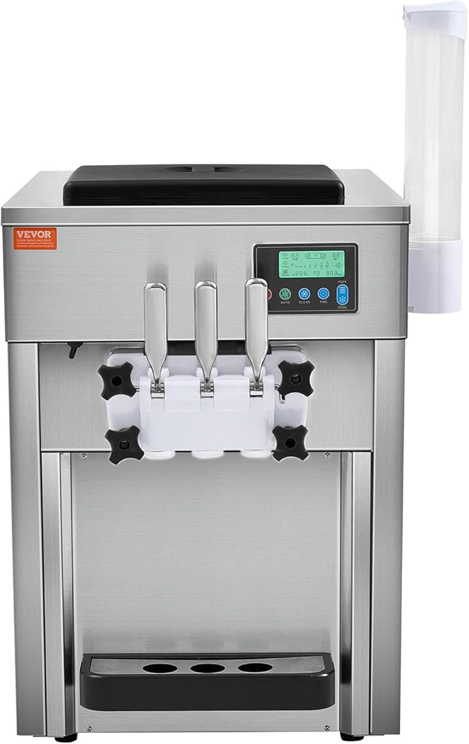 VEVOR Commercial Ice Cream Machine, 21 QT/H Soft Serve Ice Cream Maker with LCD Panel Auto Clean 3-Flavor Pre-cooling for Restaurant Snack Bar