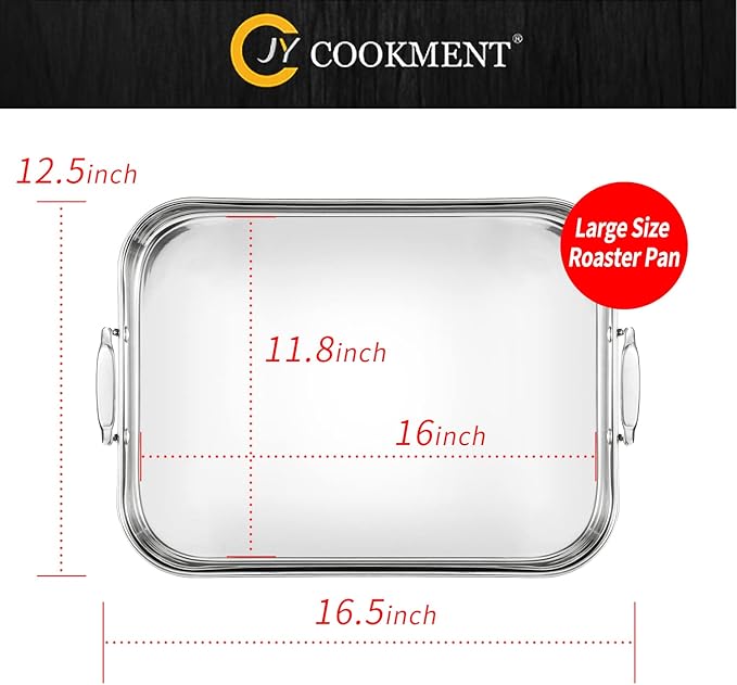 JY COOKMENT Roasting Pan with Baking Rack, 16.5 Inch Stainless Steel Turkey Roaster with Rack, Baster. Great for Turkey, Chicken, Ham, Vegetables