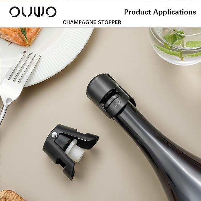 Champagne Sealer Stopper 6 Pack Stainless Steel Sparkling Wine Bottle Stoppers，Leak-Proof Bubble Retaining Saver，Suitable for Champagne Prosecco Cava and Sparkling (Black)