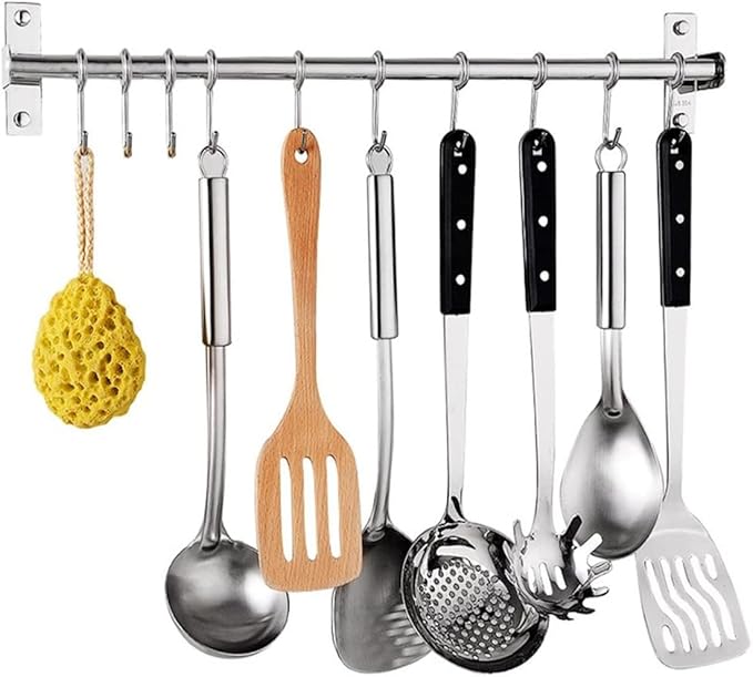 Kitchen Sliding Hooks, Stainless Steel Hanging Rack Rail Organize Kitchen Utensil Removable S Hook for Towel, Spoon, Coats, Bathrobe, BBQ,Wall Mounted Hanger (10 Hooks 23.6In)