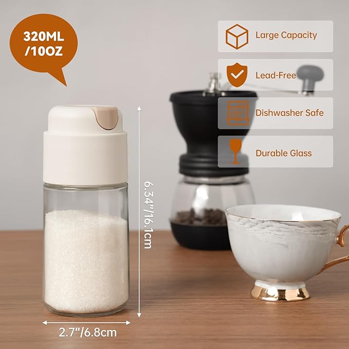 NiHome 10 OZ Sugar Dispenser with Automatic Pouring Switch for Home, Kitchen, Coffee Station, Glass Jar for Sugar, Coffee Creamer, Salt, Food-Grade Glass with Anti-Slip Ribbed Design