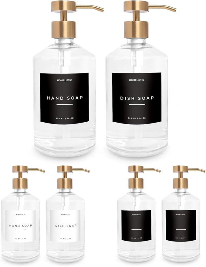 Homelistic Clear Glass Soap Dispenser Set with Champagne Gold Pump – 16oz Refillable Kitchen & Bathroom Soap Dispensers (2 Pack) Rust-Resistant Stainless Steel Pumps, 48 Labels