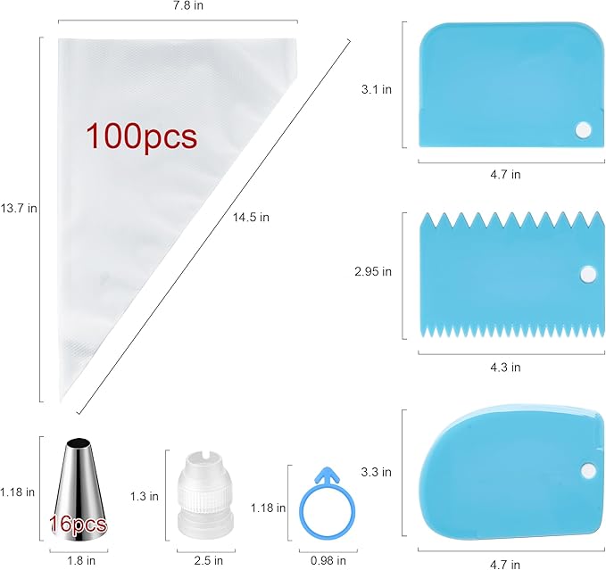 Piping Bags and Tips Set, Cakes Decorating Supplies Kit with 100pcs 12 Inch Pastry Bags, 16 Piping Tips, 3 Cake Scraper, 2 Couplers, 2 Bag Ties, Simple and Convenient Baking Supplies Set