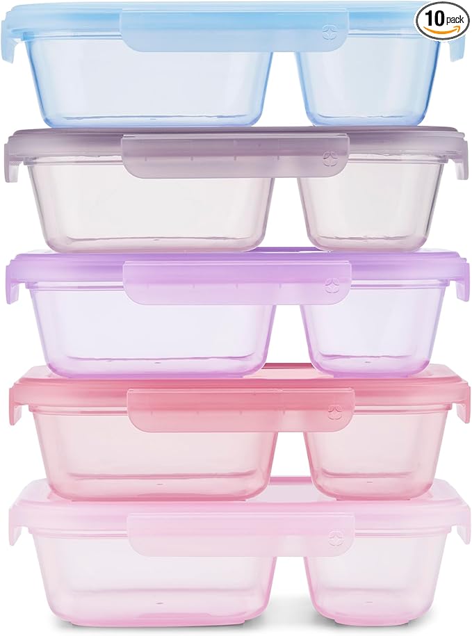 Ello Snap & Nest 10-Piece 3 Cup Plastic Divided Meal Prep Set, Reusable Food Containers for Healthy Eating, Freezer, Dishwasher Safe, Berry Fields