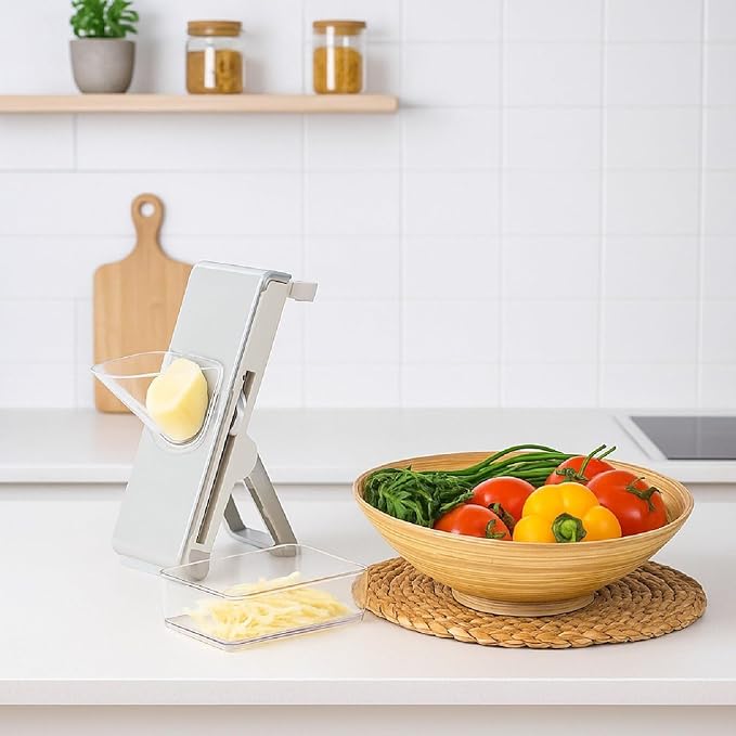 Mandoline Slicer Adjustable – Safe Vegetable Chopper & Potato Slicer with Container – Multifunctional Food Cutter Dicer for Salad & Fries – Kitchen Tool Gift Set (Grey)