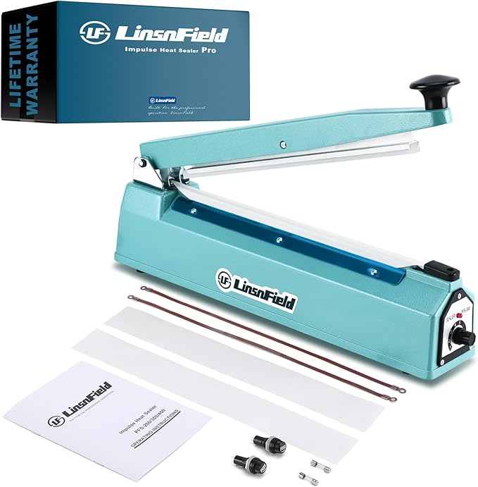 Sealer Pro, Patented 12inch Impulse Heat Bag Sealer, 7mm Sealing Width Poly Bag Seal Machine, 2 Replacement Kits 2 Fuses Included, Blue