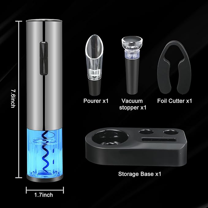 VIDYSUFYR Electric Wine Bottle Opener Set- Silver, Automatic Wine Bottle Opener with Led Light, Rechargeable Corkscrew Kit with Aerator，Foil Cutter，Stoppers