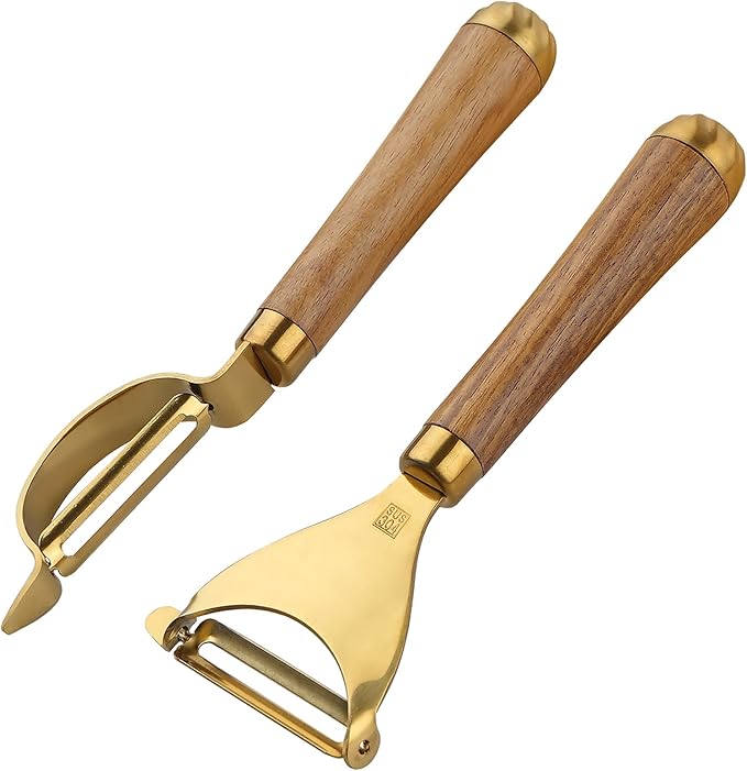 Potato Peelers,Premium 304 Stainless Steel Vegetable Peeler Set, Rosewood Handle For Kitchen, Veggie Fruit Peeler, Apple Carrot Cucumber Peeler，Ultra Sharp Rotary Blade, 2-Piece(Gold)