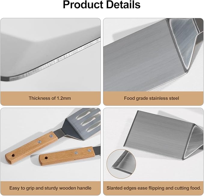 Stainless Steel Spatula Set, 2 Pcs Metal Spatulas for Kitchen Use, Professional Metal Spatula for Cast Iron Skillet with Wooden Handle, Ideal Choice for Making Desserts, Pancakes, Eggs, and BBQ
