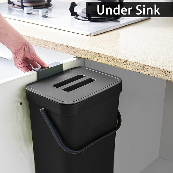 1.3 Gallon/ 5L Compost Bin Indoor Kitchen and 3.2 Gallon/12L Small Trash Can with Lid for Kitchen Cabinet，Black
