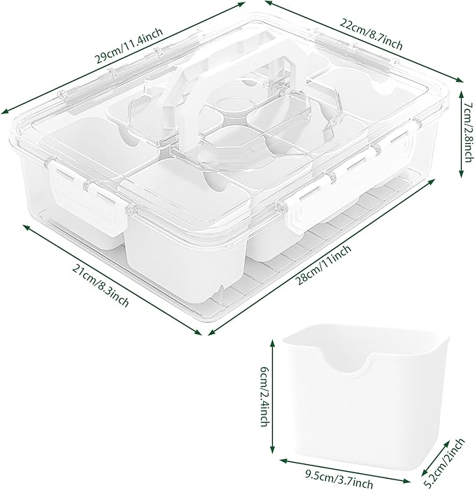 REBECAT Divided Serving Tray with Lid and Handles 8 Compartments Snack Box Container Charcuterie Organizer Snackle Box Container for Candy,Nuts，Fruits,Snacks,2 Pack,White