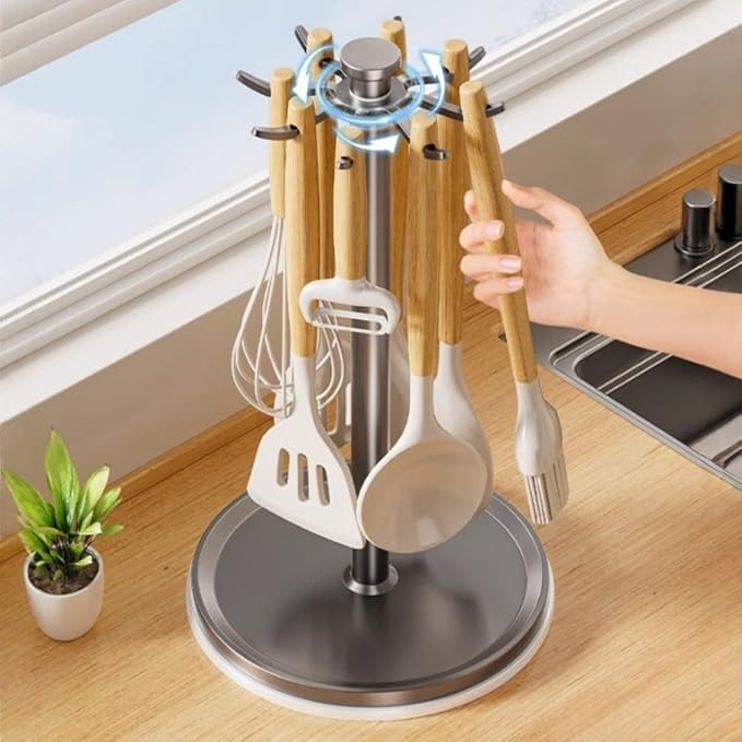 Organizer Rack Rotatable Utensil Holder, With 8 Hooks And 360 Degree Rotation For Kitchen Countertop, Space Saving Organizer For Cooking Tools(Black)