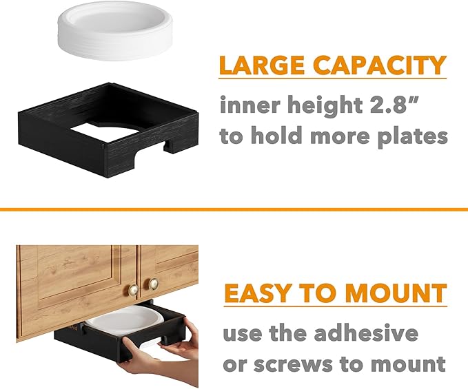 SpaceAid 9-inch Paper Plate Dispenser (Need 10.2 Inches Deep Cabinet Space) Under Cabinet Bamboo Plates Holder, Kitchen Vertical Dipensers Caddy, Black
