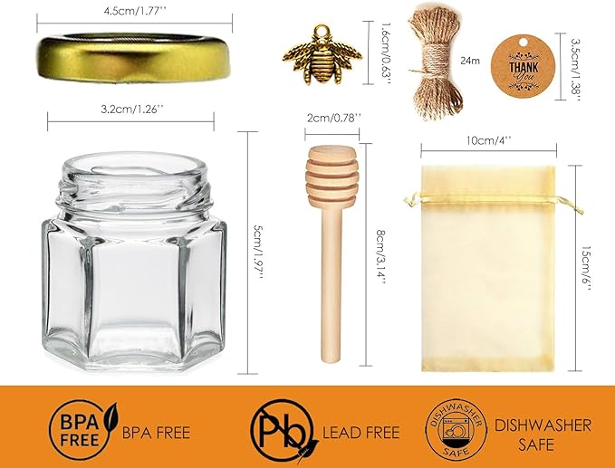 Adabocute Honey Pot, Glass Honey Jars, Small Honey Jars with Wooden Dippers, Bee Charms, Gold Gift Bags and Jutes Lids, Mini Honey Jars Baby Shower Favors, 1.5oz 40 Pack