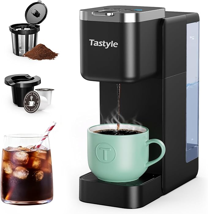 Tastyle Single Serve Coffee Maker, Iced and Hot Coffee Machine for K Cup & Grounds, Compact Design, 40oz Removable Water Reservoir, 6 to 24 Oz Brew Sizes, Fits 7.3" Travel Mug, Black