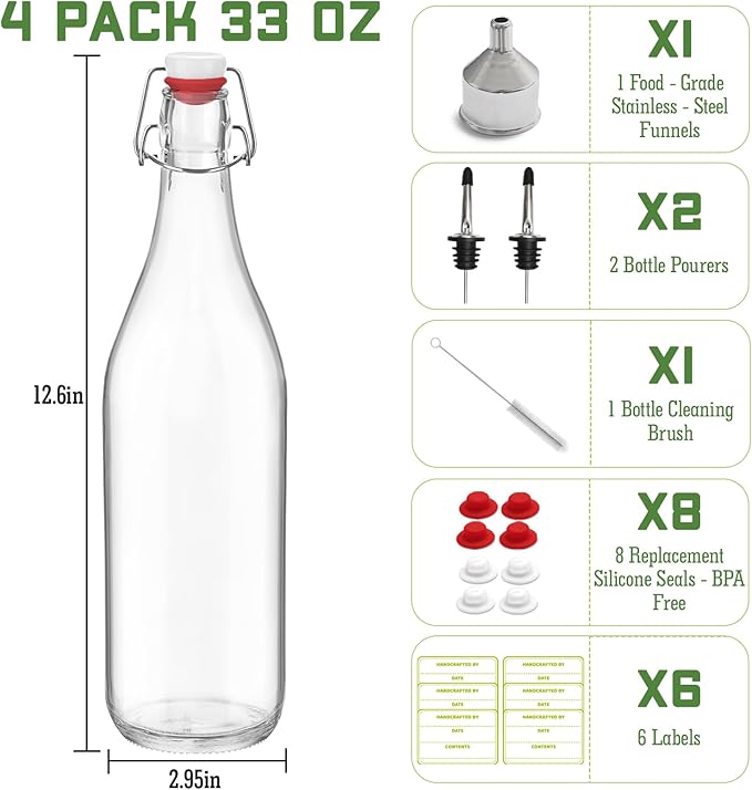 4 Pack [1 Liter / 33 fl. oz.] Swing Top Glass Bottles – Airtight Flip Top Brewing Bottles for Kombucha, Beer, Wine, Kefir, Soda, Liquor – Includes Funnel, 2 Pourers, 6 Seals, 8 Labels & Jute Twine