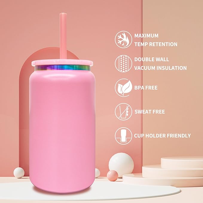 4 Pack Glass Cups with Lids and Straws, 16 oz Stainless Steel Cups, Insulated Skinny Tumbler, Powder Coated Travel Tumblers for Laser Engrave, Iced Coffee Cup for Smoothie Water DIY Gift(Pink,4 pack)