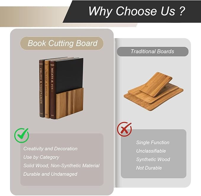 Book Bamboo Cutting Board, Acacia Wood Chopping Board set with Storage Stand, Serving Board Easy to Clean, Ideal Charcuterie Chopping for Meat, Countertop Accent