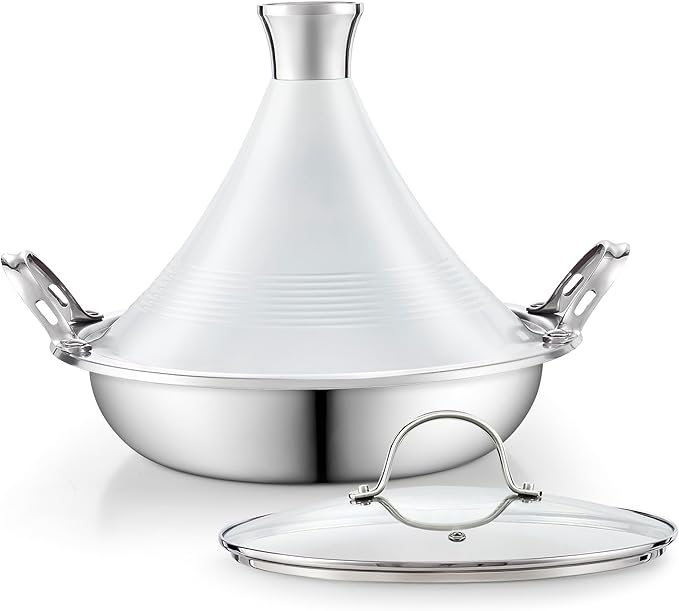 Cooks Standard Moroccan Tagine Pot 3.6 Qt, 11 Inch Multi-Ply Clad Stainless Steel Pan with Dual Handles, Clay Pot Alternative for Slow Cooking, with Conical Die-Cast Aluminum & Glass Lid, White