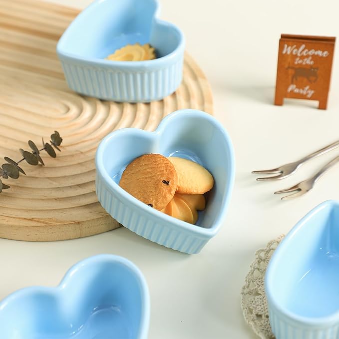 Sizikato Heart-Shaped Porcelain Souffle Dishes, Ramekins - 3.5 Inches for Souffle, Creme Brulee and Dipping Sauces - Set of 4