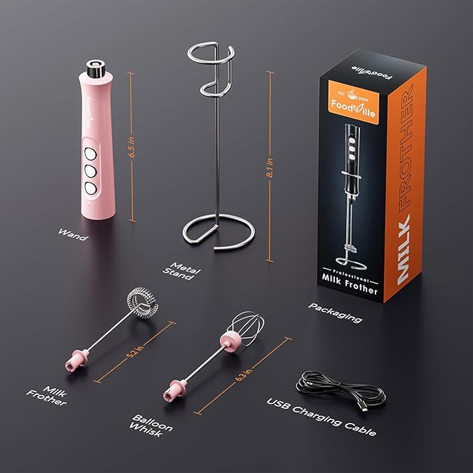 FoodVille MF02 Rechargeable Milk Frother Handheld Foam Maker with Stainless Whisk for Cappuccino, Latte, Bulletproof Coffee, Keto Diet, Protein Powder, Matcha (Coral Pink)