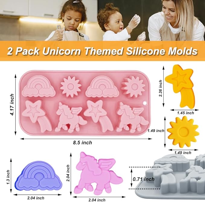 2 Pack Unicorn Molds Silicone 8 Cavity 3D Flying Unicorn Themed Baking Mould Tray with Cartoon Rainbow Meteors Sun for Kids' Party Chocolate Cake Topper Dessert Mousse Pastry Handmade Soap Crayons