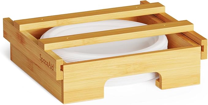 SpaceAid 9-inch Paper Plate Dispenser (Need 10.2 Inches Deep Cabinet Space) Under Cabinet Bamboo Plates Holder, Kitchen Vertical Dipensers Caddy, Bamboo