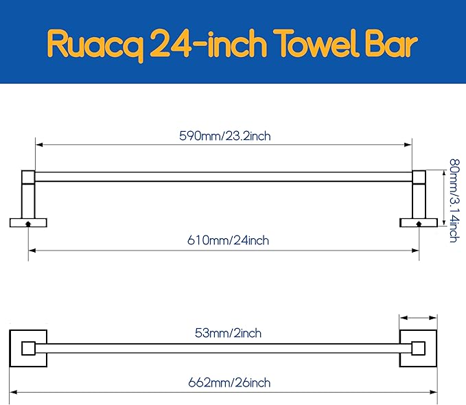 RUACQ Brushed Nickel Towel Bar 24 inch, 304 Stainless Steel Towel Racks for Bathroom Wall Mounted, Heavy Duty Bath Towel Rod with Square Base(Brushed Nickel)