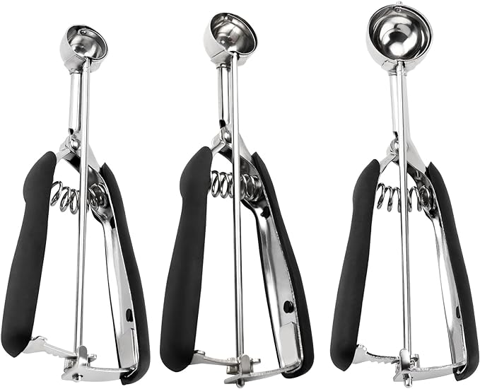 Small Cookie Scoop Set - 3 PCS Include 1 tsp / 2 tsp / 3 tsp Cookie Dough Scoop, Cookies Scoops for Baking, Made of 18/8 Stainless Steel, Good Soft Grips, Quick Trigger Release