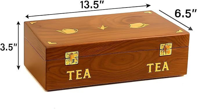 Wooden Tea Bag Storage Box – Sheesham Rosewood Tea Organizer with Brass Inlay, 8‑Compartment Tea Chest, Handcrafted Tea Box for Tea Lovers, Home Décor & Gifts