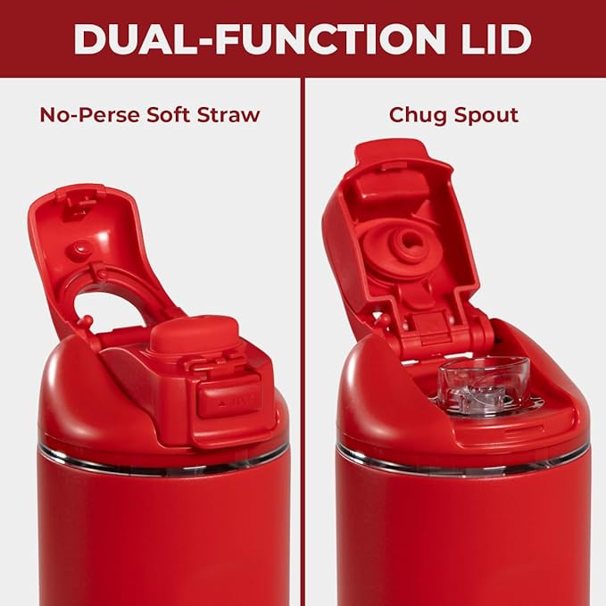 HydroJug Ease2o Water Bottle with Straw & Chug Lid, Stainless Steel, Vented Cap to Help Reduce Pressure, Water-Level Window, Cup Holder Friendly, Non-Slip Base – 40oz, Alumni Red