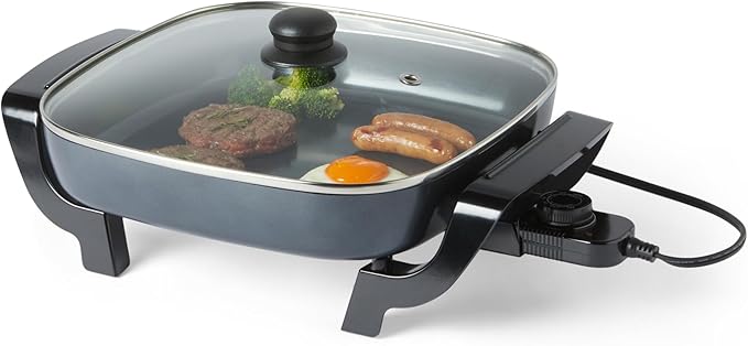 Amazon Basics Electric Skillet and Frying Pan with Glass Lid, Nonstick Ceramic Coating, Cool-Touch Handles, Adjustable Heat, 15.74 x 11.81 x 6.69 inch, Black