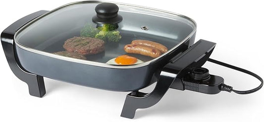 Amazon Basics Electric Skillet and Frying Pan with Glass Lid, Nonstick Ceramic Coating, Cool-Touch Handles, Adjustable Heat, 15.74 x 11.81 x 6.69 inch, Black
