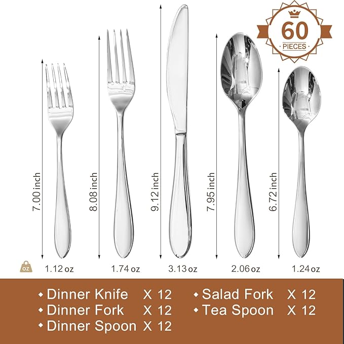 KINGSTONE 60-Piece Silverware Set for 12,18/10 Premium Stainless Steel Flatware Set, for Home, Restaurant, Wedding and Party Use, Mirror-Polished Cutlery Set, Dishwasher Safe