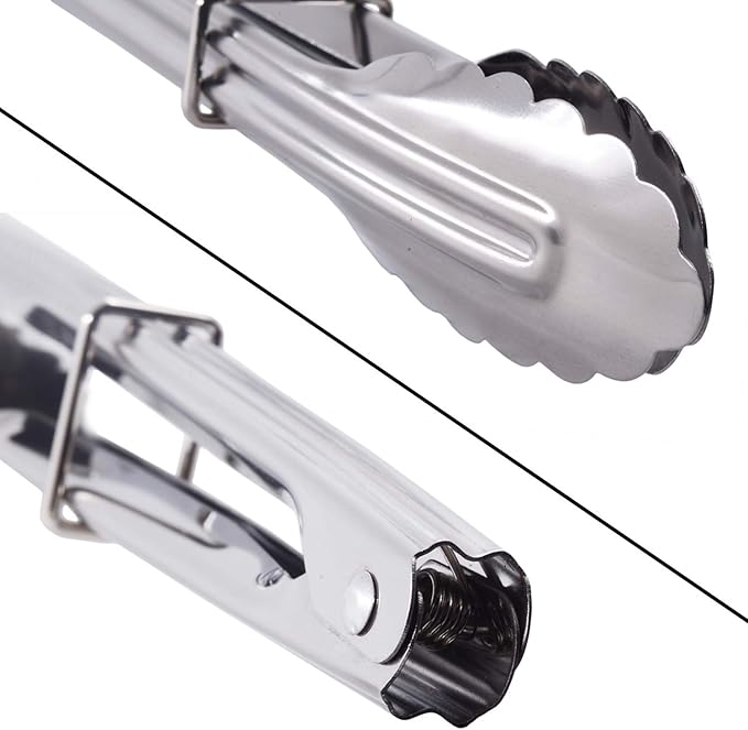 Mini Stainless Steel Food Tongs with Silding Rings 7-Inch - Set of 6 - Small Clam Shell Service Tongs for Serving Appetizers, Desserts, Salads, Barbecue and Cooking (Silver)