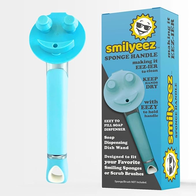 The Original Smiling Sponge Handle Soap Dispensing Handle by Smilyeez for The Smiling Sponge with Smilyeez Caddy & Dishwand with 2 Scrub Brushes (Light Blue)