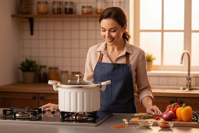 Non-Stick Enamel Pressure Cooker with Push Pull Lock, Silicone Seal, Spill-Proof Valve,ivory